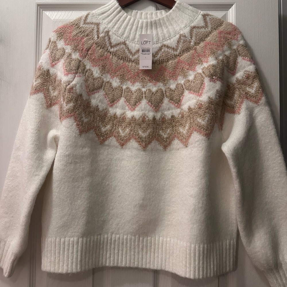 LOFT White and Pink Heart Pattern Sweater